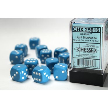 set 12 des d6 16mm opaque bleu clair et blanc chessex 